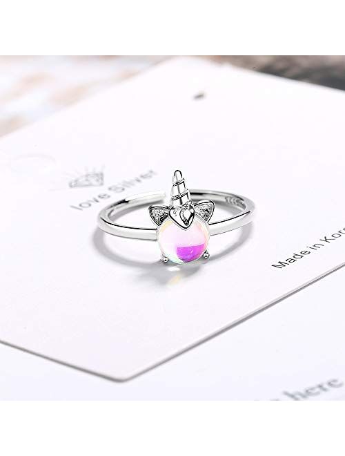 Chengxun Silver Unicorn Rings Moon Stone Inlaid Open Finger Ring for Girls Adjustable Ring