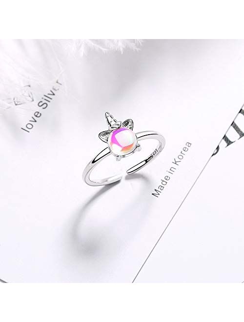 Chengxun Silver Unicorn Rings Moon Stone Inlaid Open Finger Ring for Girls Adjustable Ring