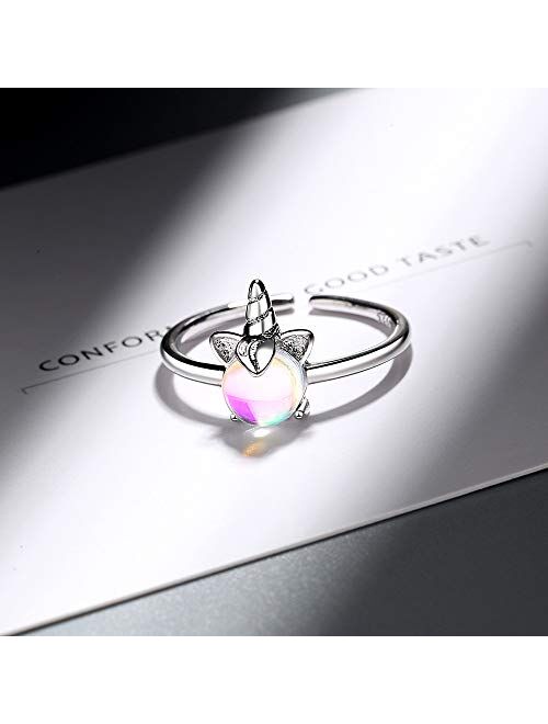 Chengxun Silver Unicorn Rings Moon Stone Inlaid Open Finger Ring for Girls Adjustable Ring