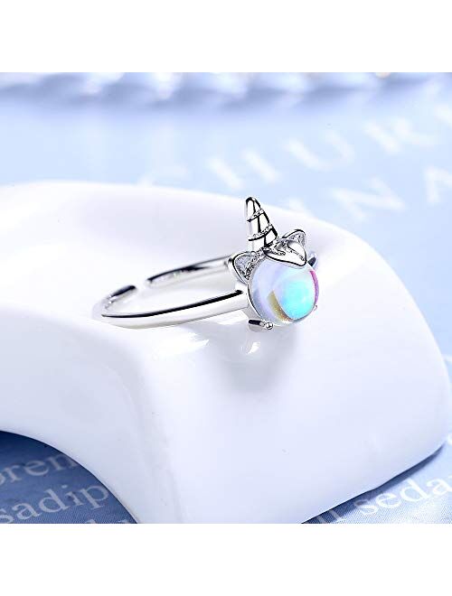 Chengxun Silver Unicorn Rings Moon Stone Inlaid Open Finger Ring for Girls Adjustable Ring