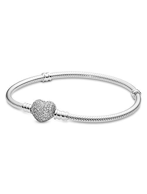 PANDORA Jewelry Moments Sparkling Heart Clasp Snake Chain Charm Cubic Zirconia Bracelet in Sterling Silver