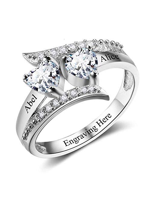 Personalized Promise Rings for Her 2 Simulated Birthstones Name Rings for Couples Mothers Engraved Name Rings for Women