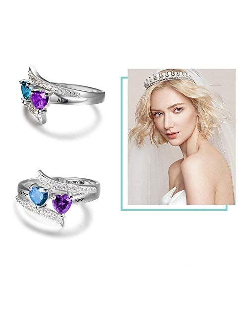 Personalized Promise Rings for Her 2 Simulated Birthstones Name Rings for Couples Mothers Engraved Name Rings for Women