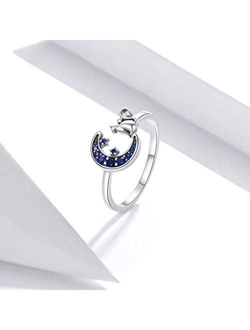 Presentski Cat Ring Adjustable Rings for Women Sterling Silver Moon and Star Open Ring for Women Girls