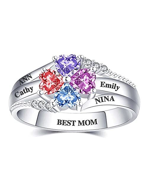 DayOfShe Personalized Mothers Ring with 2-4 Simulated Birthstones Sterling Silver Family Name Rings for Mom, Custom Engagement Rings for Her