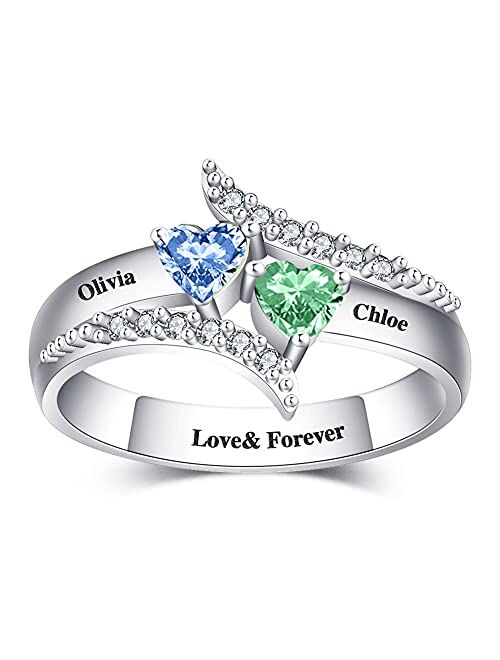 DayOfShe Personalized Mothers Ring with 2-4 Simulated Birthstones Sterling Silver Family Name Rings for Mom, Custom Engagement Rings for Her