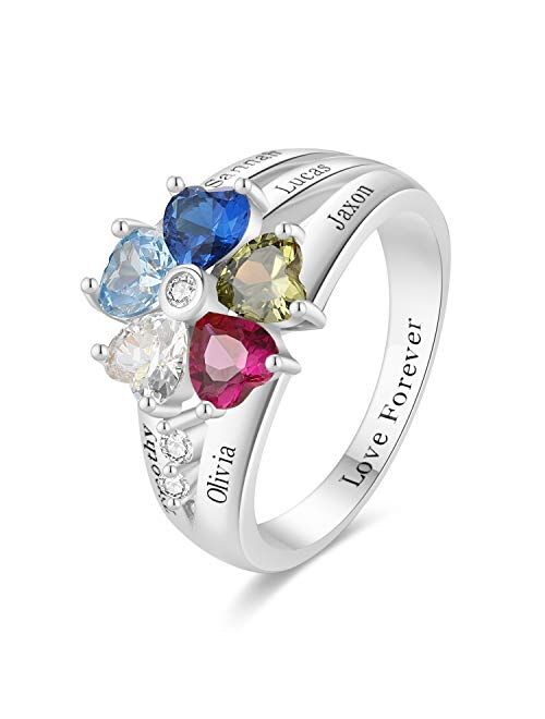 RESVIVI Sterling Silver Customized Name Rings with 2-5 Birthstones Engraving Personalized Stacking Name Rings