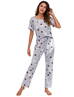 Women's Pajama Set Cute Printed Short Sleeve Top and Long Pants Sleepwear Pjs Sets with Eye Mask