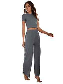 Women's Pajama Set Cute Printed Short Sleeve Top and Long Pants Sleepwear Pjs Sets with Eye Mask