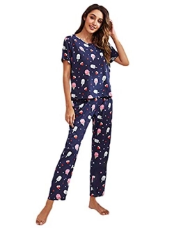 Women's Pajama Set Cute Printed Short Sleeve Top and Long Pants Sleepwear Pjs Sets with Eye Mask