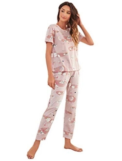 Women's Pajama Set Cute Printed Short Sleeve Top and Long Pants Sleepwear Pjs Sets with Eye Mask