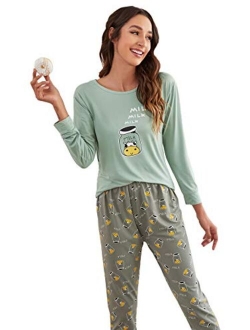 Women's Pajama Set Cute Printed Short Sleeve Top and Long Pants Sleepwear Pjs Sets with Eye Mask