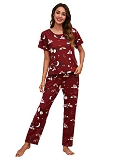 Women's Pajama Set Cute Printed Short Sleeve Top and Long Pants Sleepwear Pjs Sets with Eye Mask