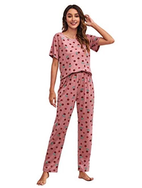 SweatyRocks Women's Pajama Set Cute Printed Short Sleeve Top and Long Pants Sleepwear Pjs Sets with Eye Mask