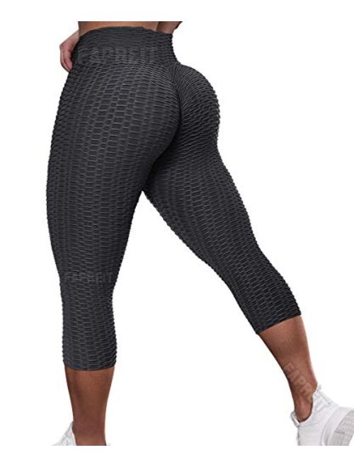 Fapreit Anti Cellulite Textured Lifting Leggings for Women Scrunch High Waist Yoga Pants Workout Honeycomb Ruched Tights