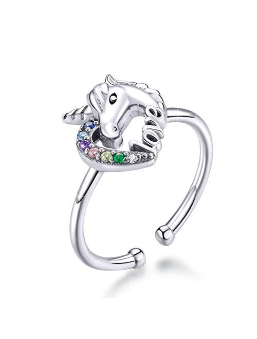 BAMOER Unicorn Ring 925 Sterling Silver Open Heart Rings for Women Teen Girls