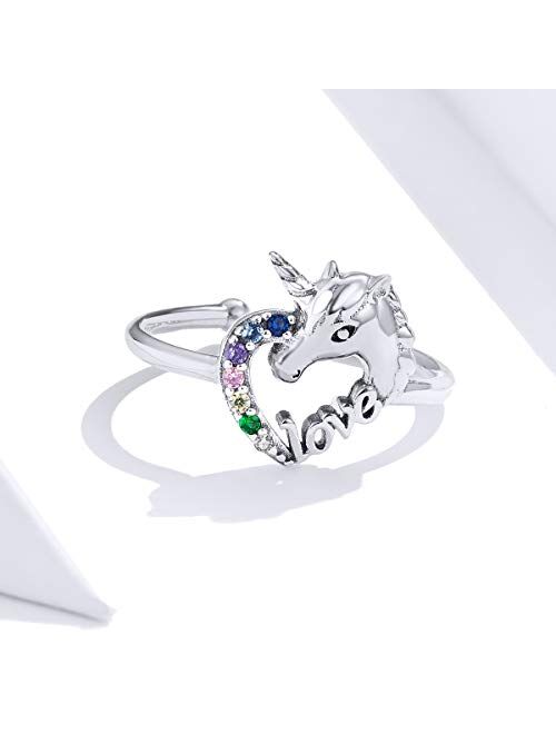 BAMOER Unicorn Ring 925 Sterling Silver Open Heart Rings for Women Teen Girls