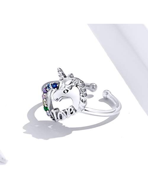 BAMOER Unicorn Ring 925 Sterling Silver Open Heart Rings for Women Teen Girls