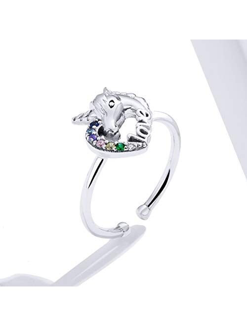 BAMOER Unicorn Ring 925 Sterling Silver Open Heart Rings for Women Teen Girls