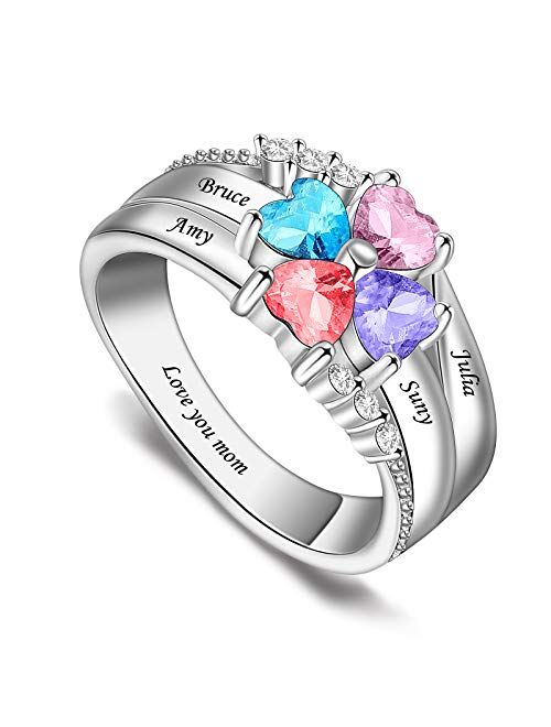 Personalized Engraved Sterling Silver Mothers Rings with 2-8 Simulated Birthstones Family Rings for Mother