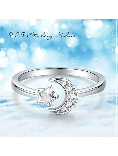 CUOKA MIRACLE Moon Ring, S925 Sterling Silver Crescent Moon and Star Ring Synthetic Opal Open Ring Adjustable Ring Gift for Women