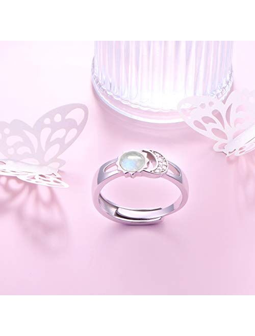 Flyow Created Opal Ring Sterling Silver Sun Moon Adjustable Rings for Women