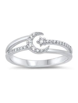 Clear CZ Open Crescent Moon Star Studded Beautiful Ring New .925 Sterling Silver Band Sizes 4-10