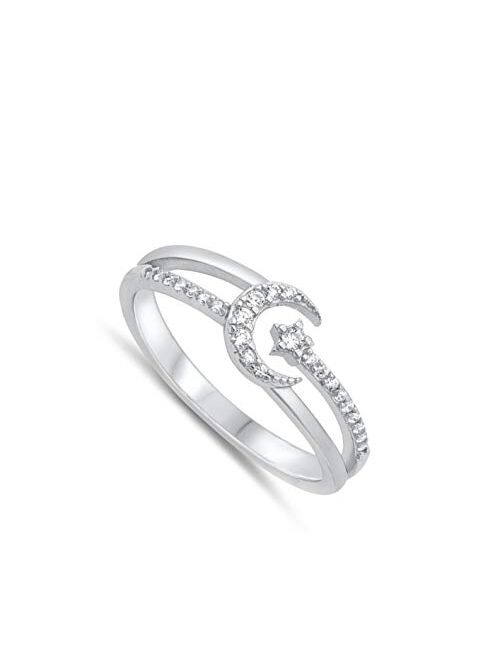 Clear CZ Open Crescent Moon Star Studded Beautiful Ring New .925 Sterling Silver Band Sizes 4-10