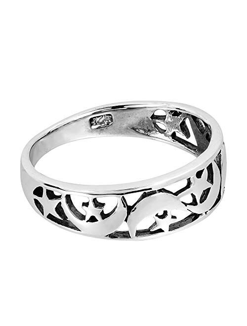 AeraVida Ancient Eastern Star and Crescent Moon .925 Sterling Silver Ring