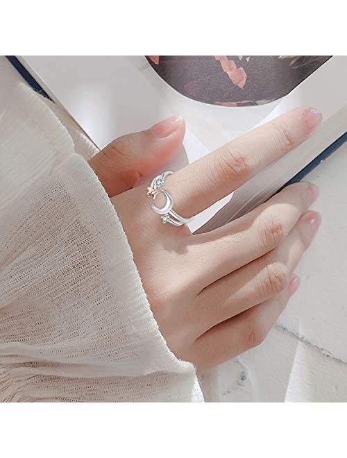 Moon Ring for Women 925 Sterling Silver Crescent Moon star Ring Adjustable Open Ring Jewelry Gift for Birthday