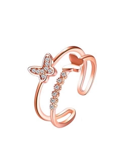 FUTIMELY Dainty Butterfly Ring for Women Teen Girls Silver Rose Gold Double Butterfly Ring Adjustable Crystal Butterfly Knuckle Ring