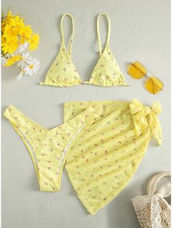 3pack Floral Triangle Bikini Swimsuit With Beach Skirt