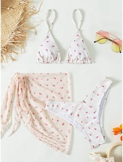 3pack Floral Triangle Bikini Swimsuit With Beach Skirt