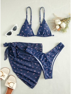 3pack Floral Triangle Bikini Swimsuit With Beach Skirt