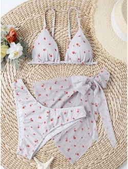 3pack Floral Triangle Bikini Swimsuit With Beach Skirt