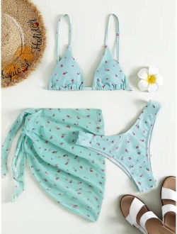 3pack Floral Triangle Bikini Swimsuit With Beach Skirt