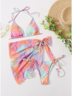 3pack Triangle Tie Side Bikini Swimsuit & Beach Skirt