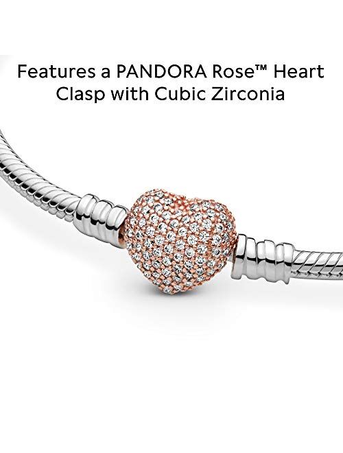 PANDORA Jewelry Moments Pave Heart Clasp Snake Chain Cubic Zirconia Bracelet in Rose