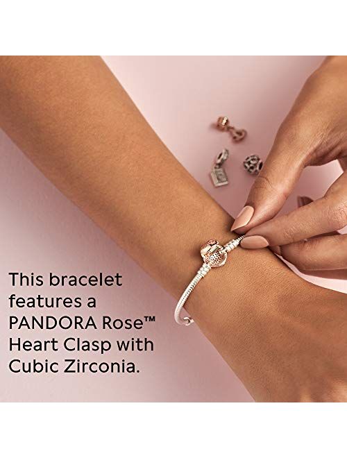 PANDORA Jewelry Moments Pave Heart Clasp Snake Chain Cubic Zirconia Bracelet in Rose