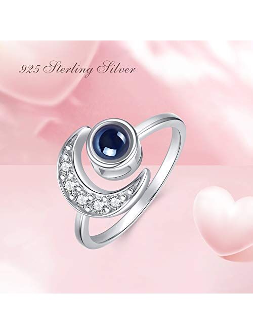 Moon Ring, S925 Sterling Silver Crescent Moon Ring Open Ring Adjustable Ring Gift for Women