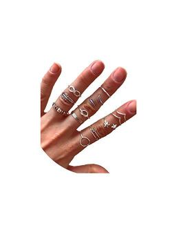 ZZ ZINFANDEL 12-20 Pcs Multiple Boho Silver Ring Set Star Moon Wave Feather Rings Stackable Knuckle Rings for Women Bohemian Midi Finger Rings Set for Teens Girls