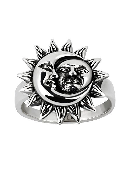 AeraVida Crescent Celestial Sun and Moon .925 Sterling Silver Ring