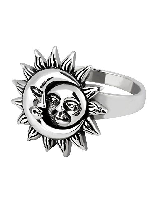 AeraVida Crescent Celestial Sun and Moon .925 Sterling Silver Ring