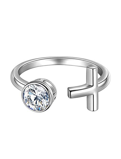 beautlace Birthstone Cross Adjustable Rings Silver/18K Gold/Black Gun Plated Birth Stone Open Ring Birthday Gifts Jewelry for Girls and Women KR0059