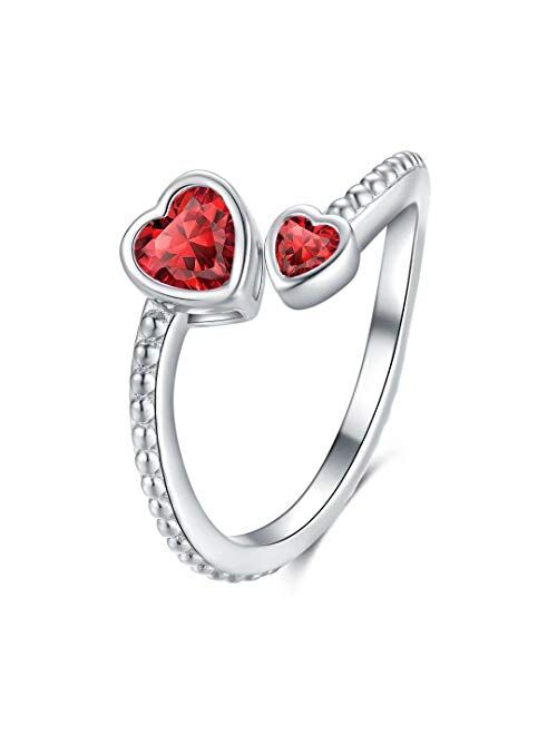 Presentski Heart Birthstone Adjustable Open Ring 925 Sterling Silver Gemstone Heart Promise Love Ring Jewelry Gift Birthday Gift for Mom Women Wife Girls