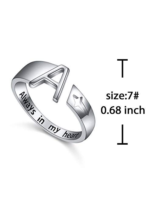 Mother's Day Gifts 925 Sterling Silver Stacking Initial Letter and Lucky Star Ring Alphabet Adjustable Open Rings Engraved Always in my heart , Great Gift for Women Teens