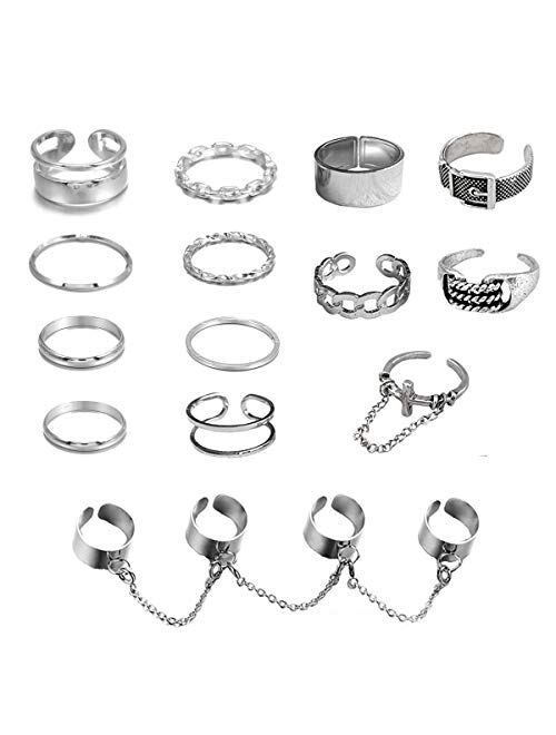 Chain Open Finger Rings Set Belt Cross Punk Retro Adjustable Stackable Rings Set for Women Girls 14PCS