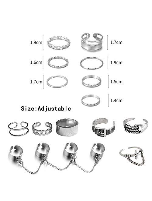 Chain Open Finger Rings Set Belt Cross Punk Retro Adjustable Stackable Rings Set for Women Girls 14PCS