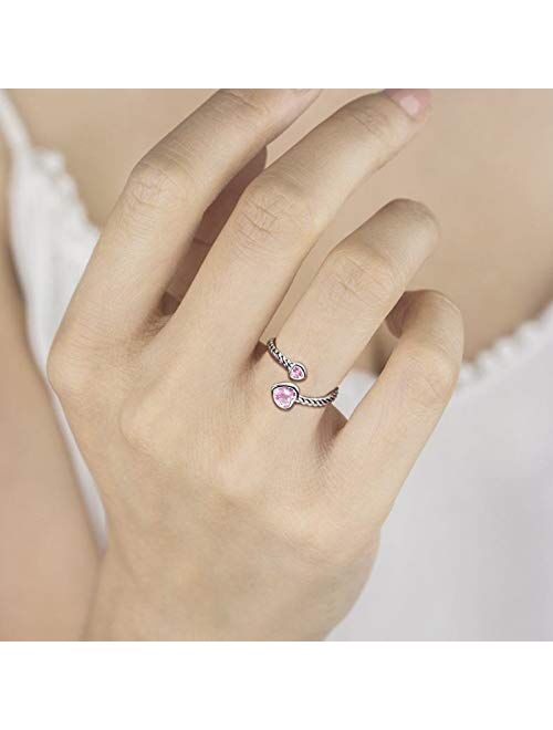 Sterling Silver Birthstone Ring for Women: Heart Cubic Zirconia Month Adjustable Ring Birthday Jewelry Gifts for Teens Girls