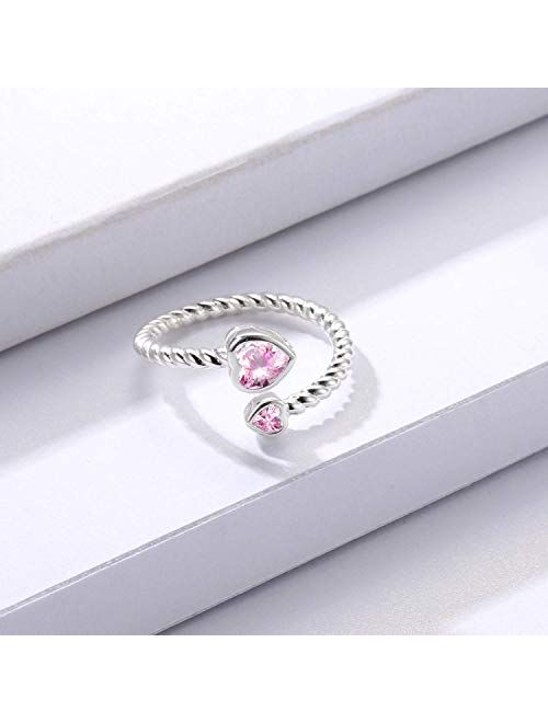 Sterling Silver Birthstone Ring for Women: Heart Cubic Zirconia Month Adjustable Ring Birthday Jewelry Gifts for Teens Girls